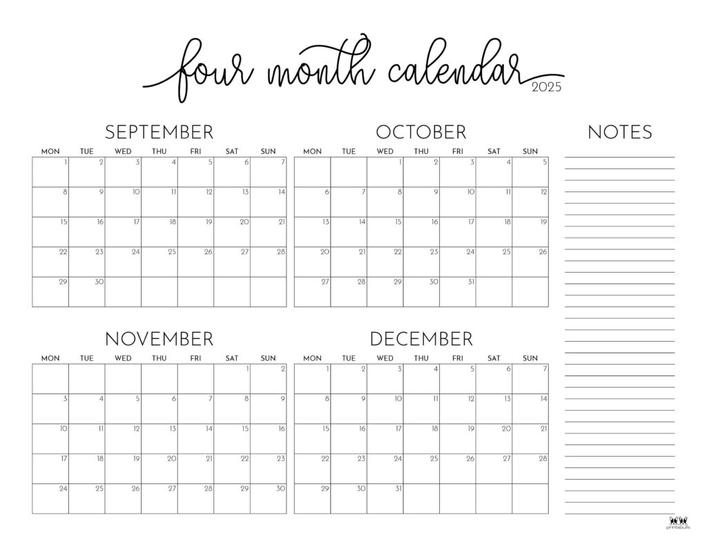 2025 Four Month Calendars - 31 Free Printables | Printabulls pertaining to October November December 2025 Calendar Printable Free