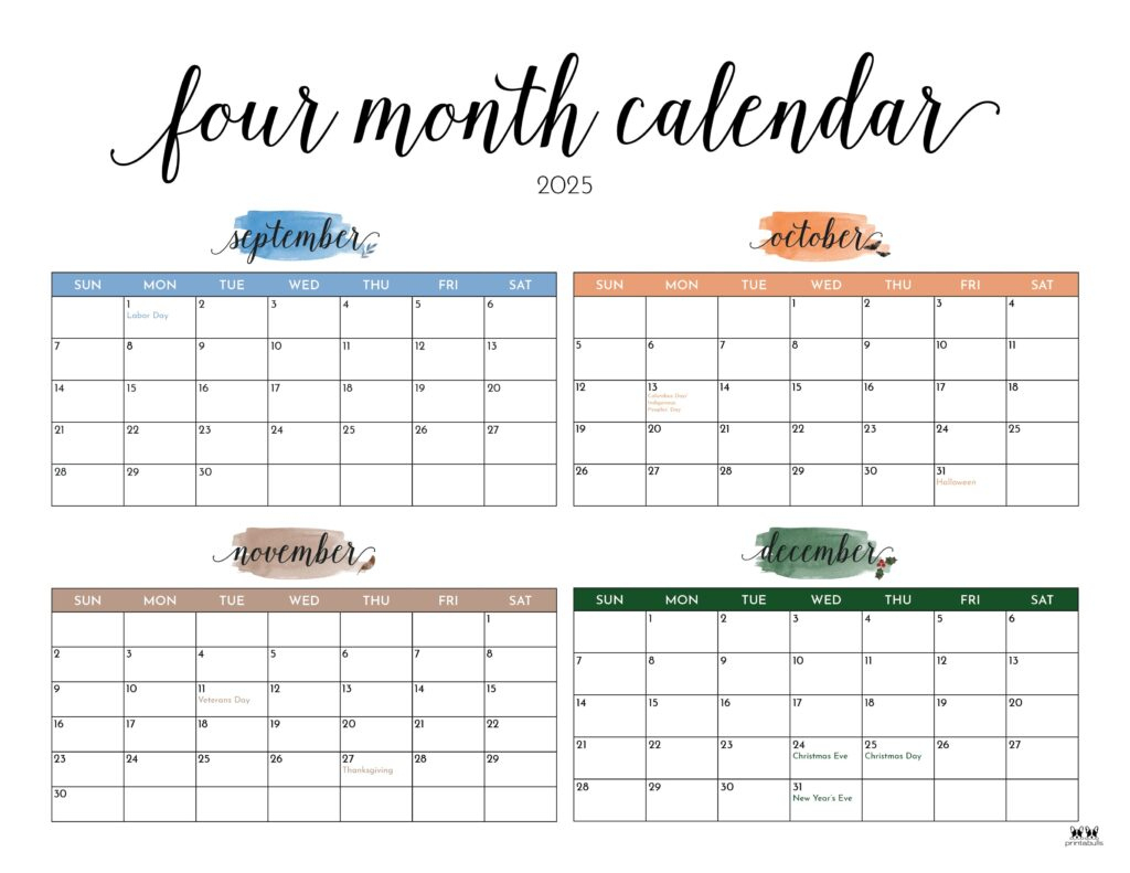 2025 Four Month Calendars - 31 Free Printables | Printabulls pertaining to Printable Calendar August 2025 to December 2025