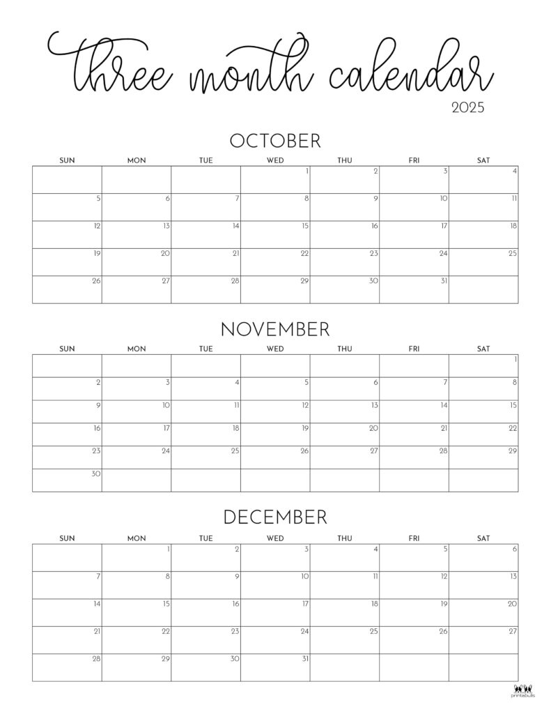 2025 Three Month/Quarterly Calendars - 36 Free Cals | Printabulls in Printable 3 Month Calendar October November December 2025