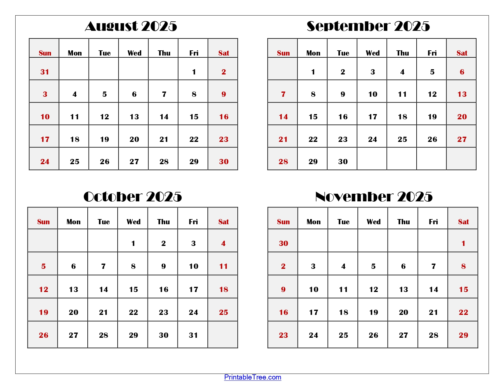 August To November 2025 Calendar Printable Pdf | Four Months Calendar within Printable Calendar August To December 2025