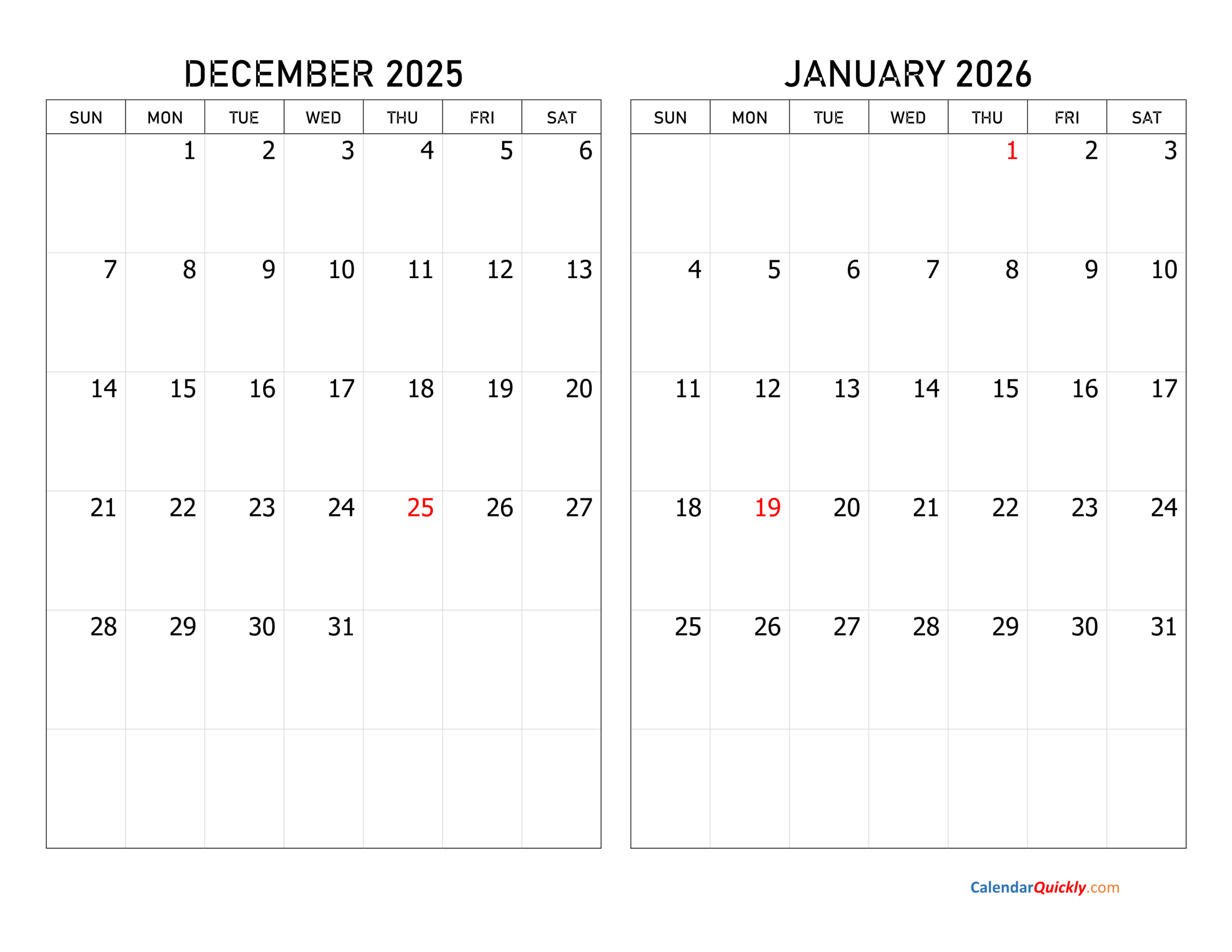 December 2025 And January 2026 Calendar | Calendar Quickly intended for Printable Calendar December 2025 and January 2026