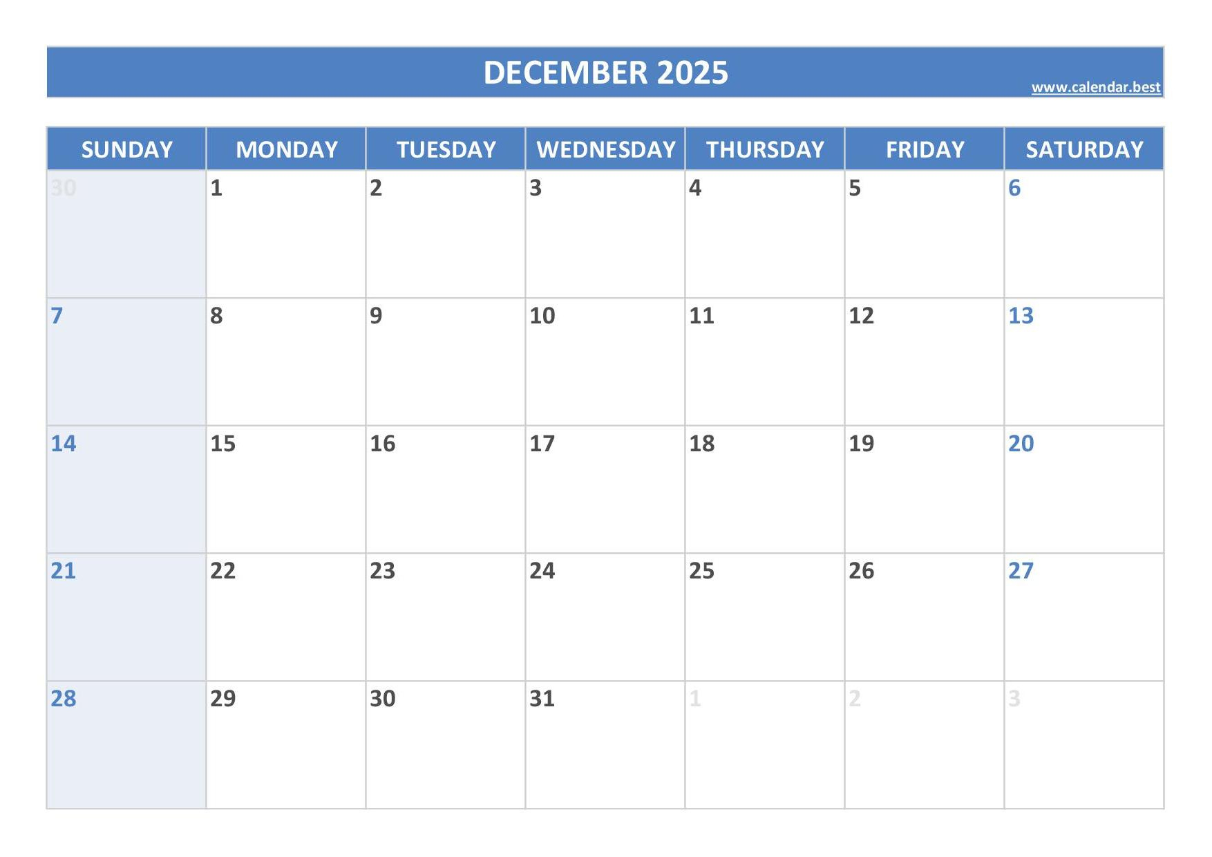 December 2025 Calendar -Calendar.best pertaining to Free Printable December 2025 Calendar