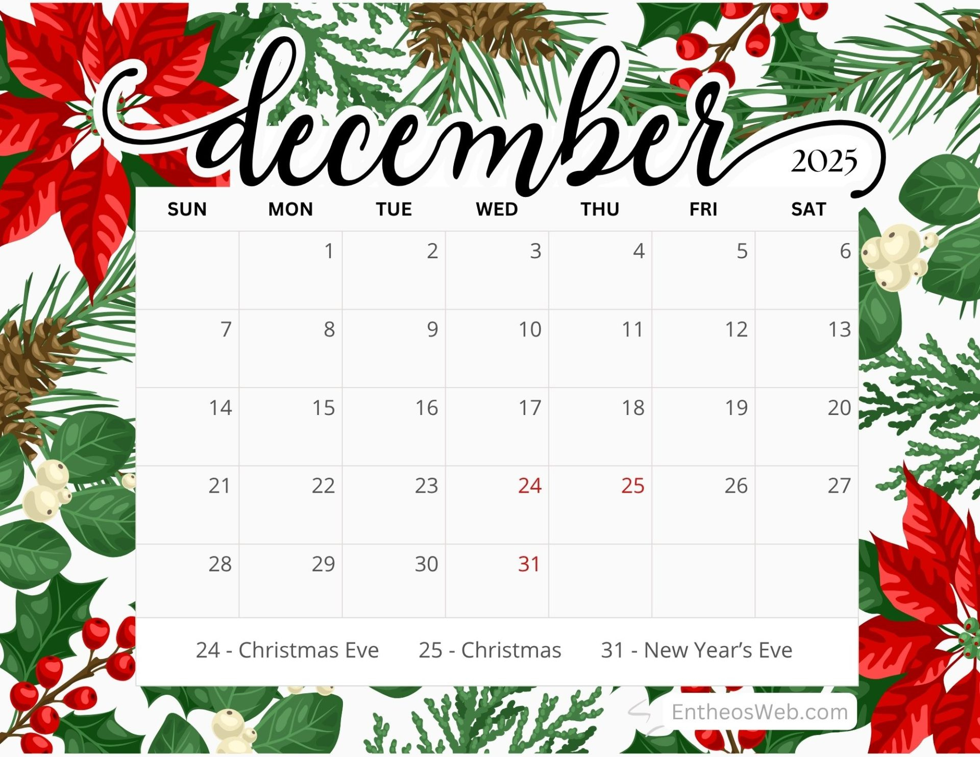 December 2025 Calendar Free Pdf Printables | Entheosweb in December 2025 Calendar Printable Free
