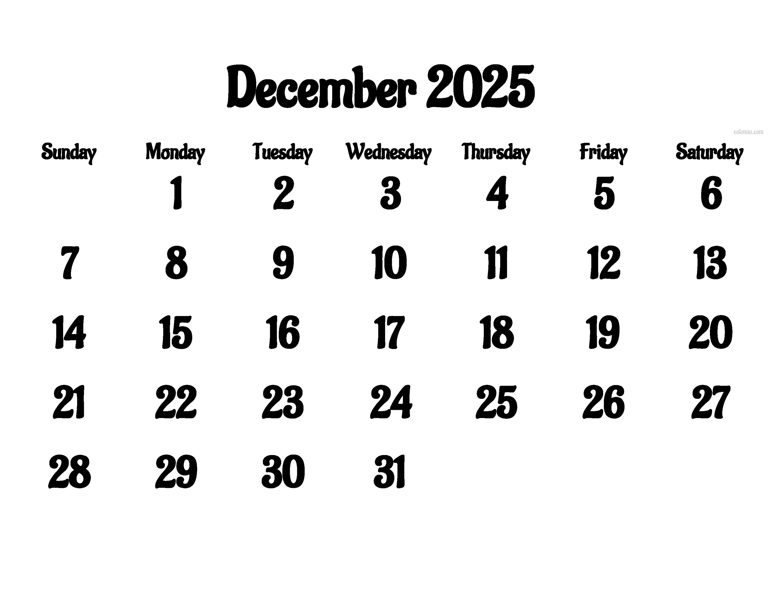 December 2025 Calendar - Free Printable Pdf, Xls And Png | Www pertaining to December 2025 Calendar Numbers Printable