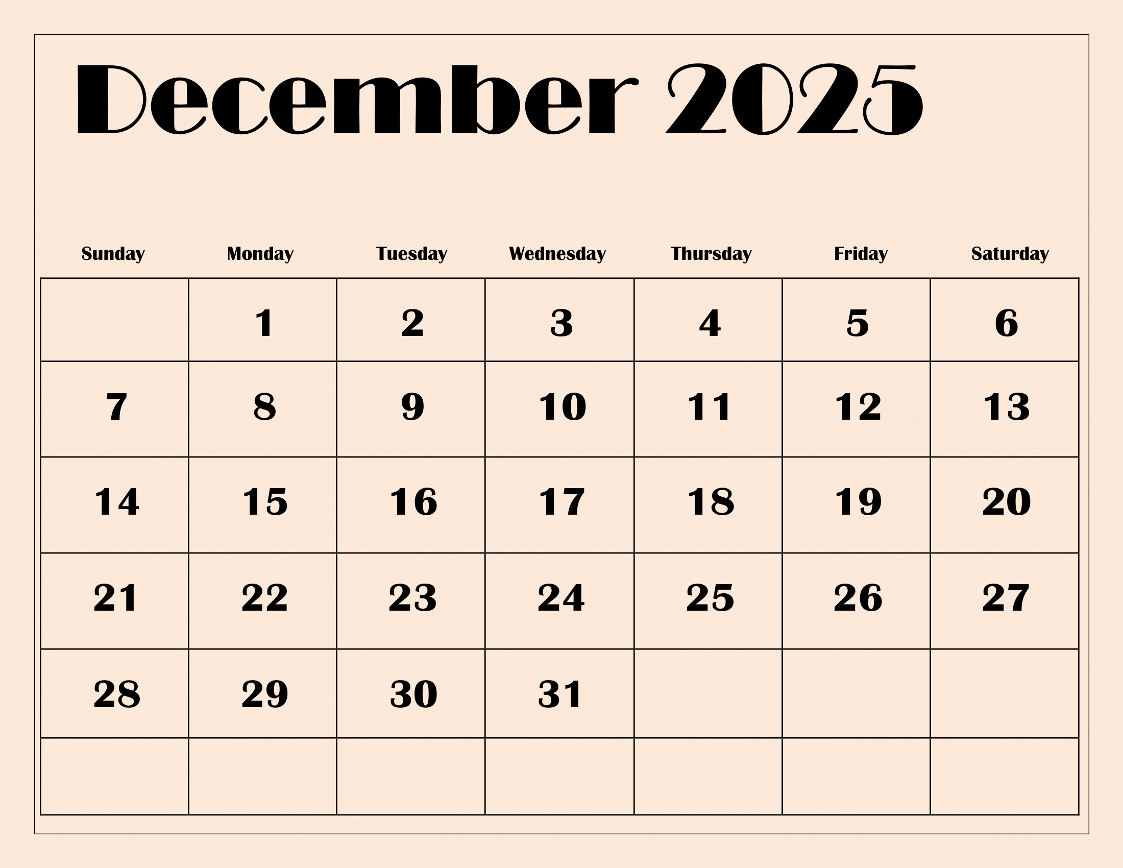 December 2025 Calendar Printable Pdf Template With Holidays for December 2025 Calendar Numbers Printable