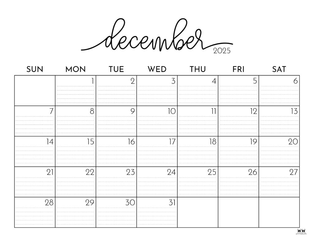 December 2025 Calendars - 107 Free Printables | Printabulls inside Printable December 2025 Calender