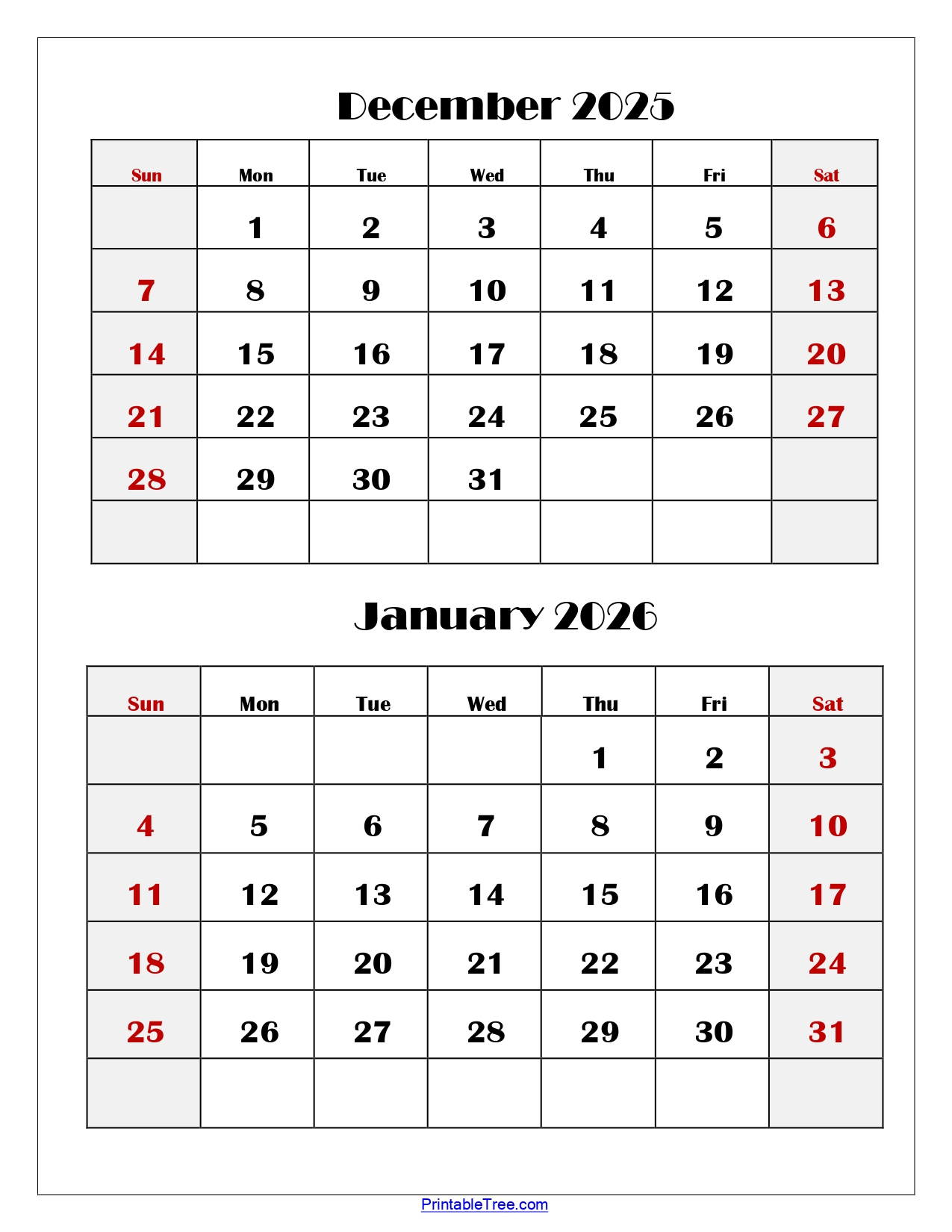 December And January 2026 Calendar Printable Pdf | Two Months Calendar intended for December 2025 January 2026 Printable Calendar