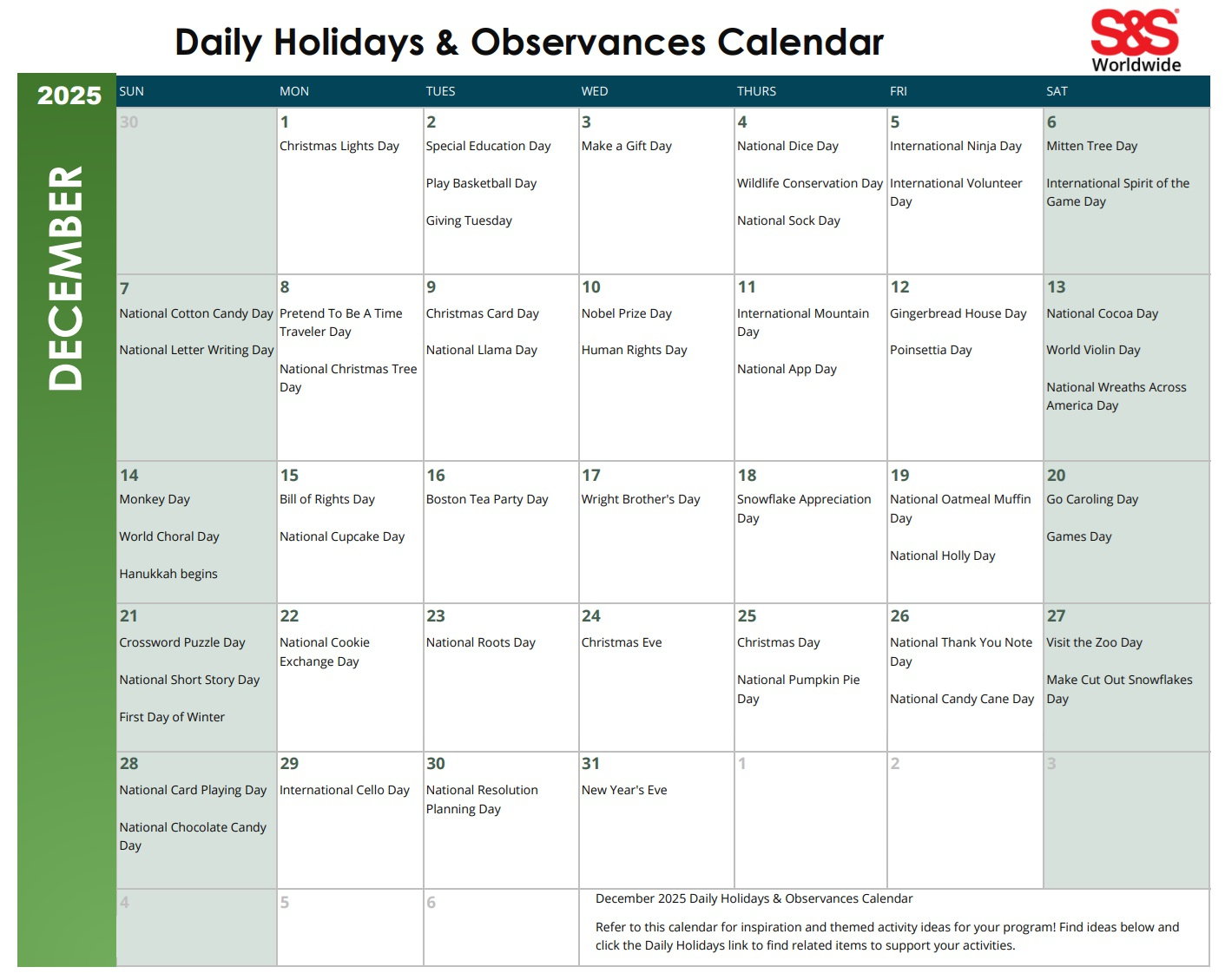 December Daily Holidays & Observances Printable Calendar - S&S Blog pertaining to December 2025 Daily Calendar Printable