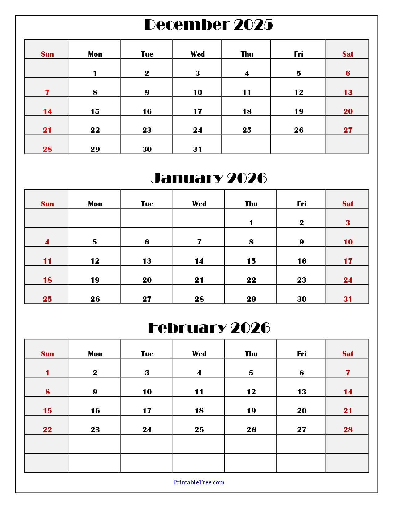 December To February 2026 Calendar Printable Pdf | Three Months with December 2025 January February 2026 Calendar Printable