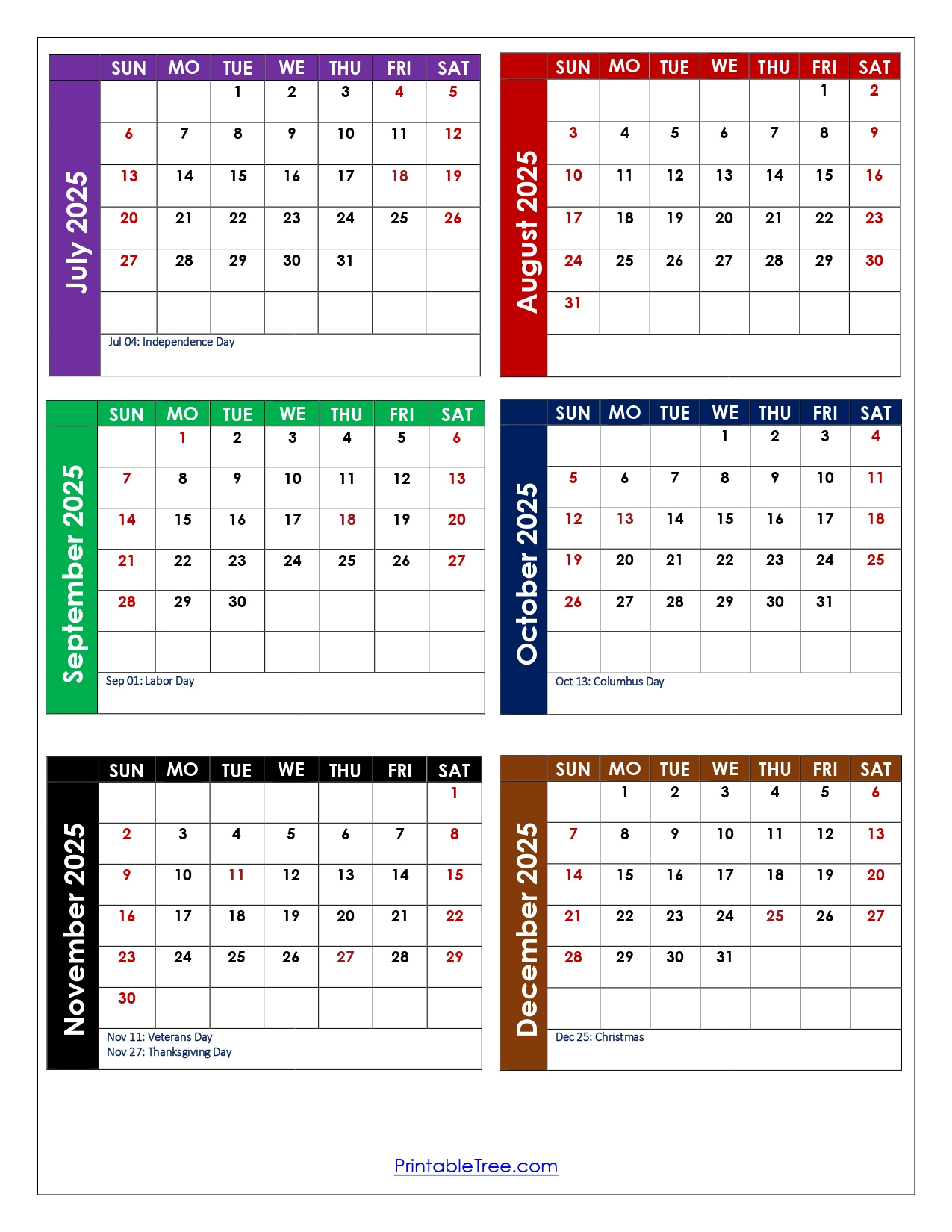 July To December 2025 Calendar Printable Pdf | Six Months Calendar in Printable Calendar July To December 2025