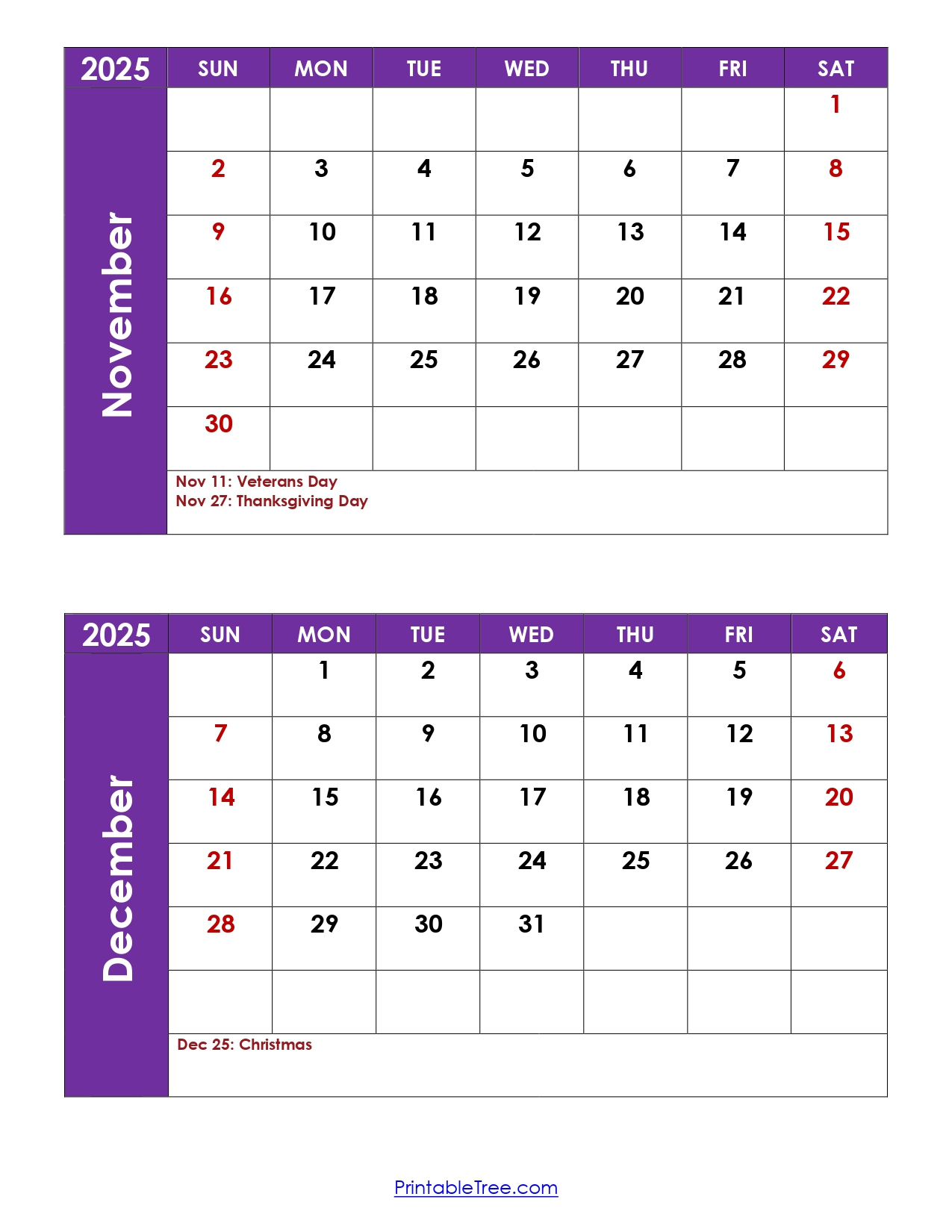 November And December 2025 Calendar Printable Pdf | Two Months with Printable Calendar November and December 2025