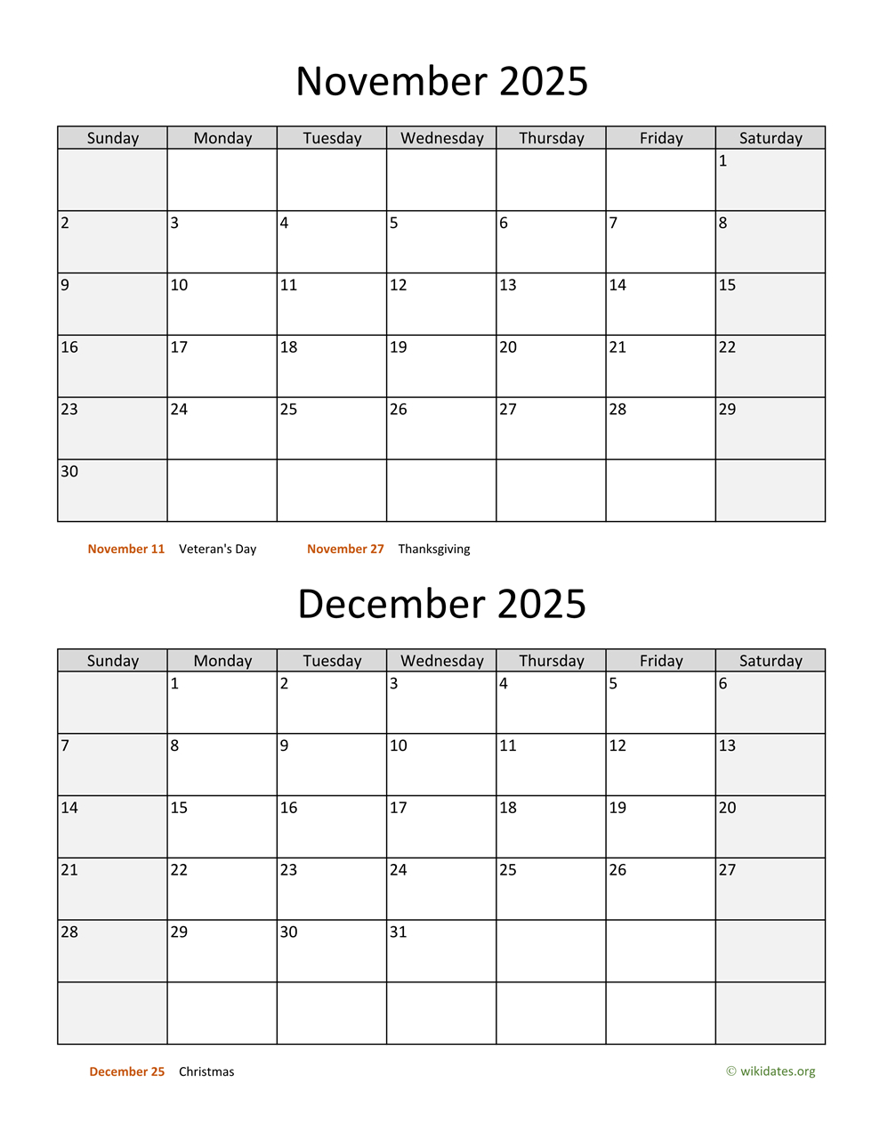 November And December 2025 Calendar | Wikidates within November and December 2025 Printable Calendar