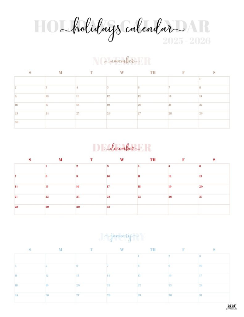 November December 2025 Calendars - 28 Printables | Printabulls for Printable Calendar November December 2025 January 2026