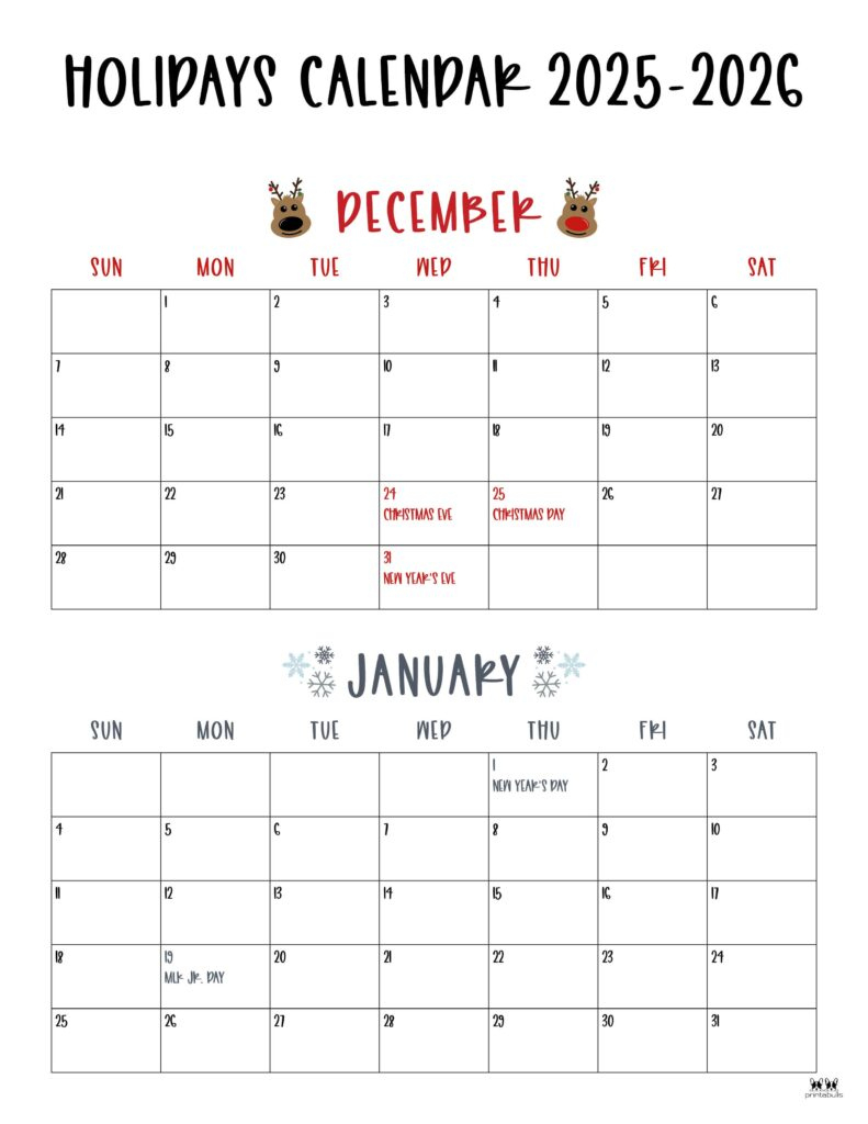 November December 2025 Calendars - 28 Printables | Printabulls pertaining to December 2025 January 2026 Calendar With Holidays Printable