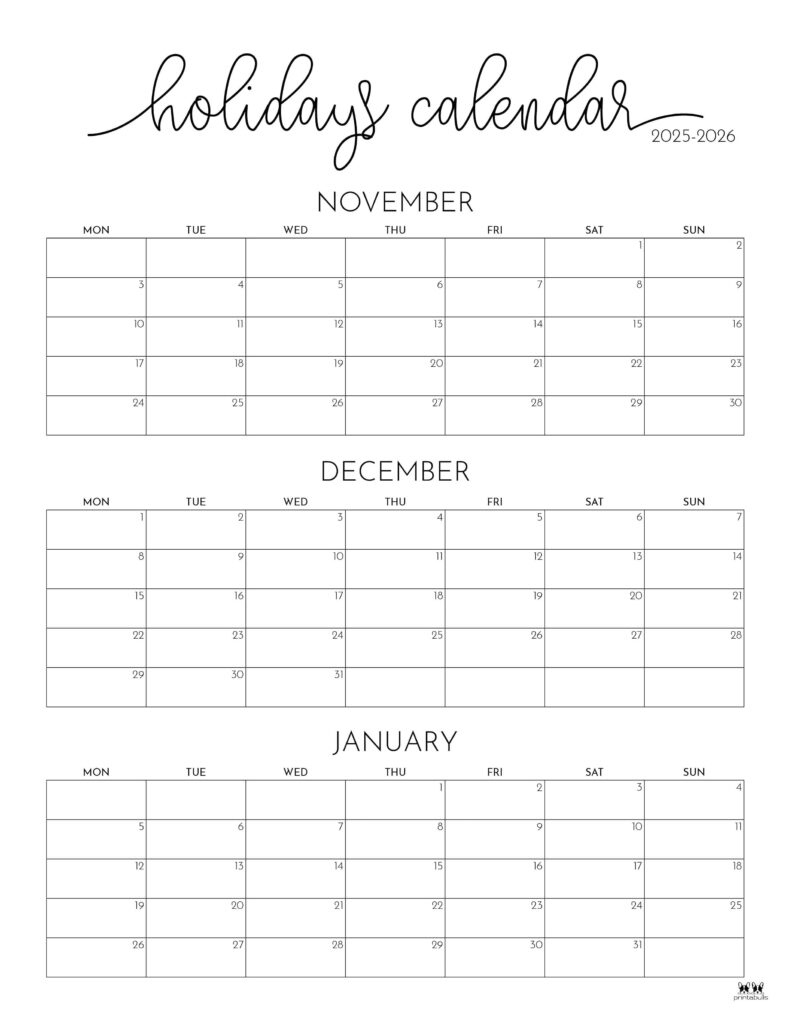 November December 2025 Calendars - 28 Printables | Printabulls regarding November December 2025 January 2026 Calendar Printable
