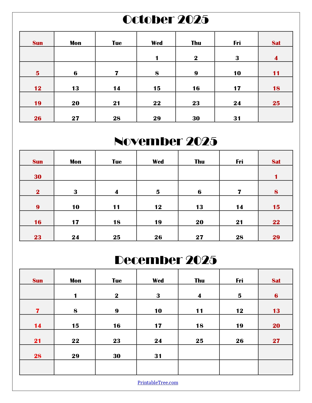 October To December 2025 Calendar Printable Pdf | Three Months with October November December Calendar 2025 Printable