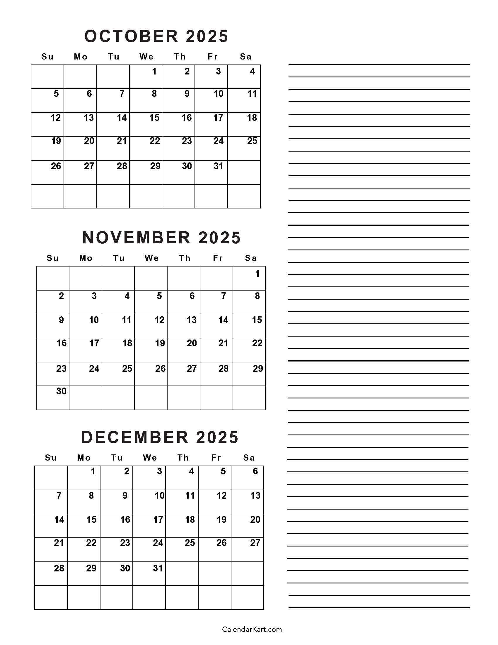 October To December 2025 Calendar (Q4) - Calendarkart inside Printable October November December 2025 Calendar