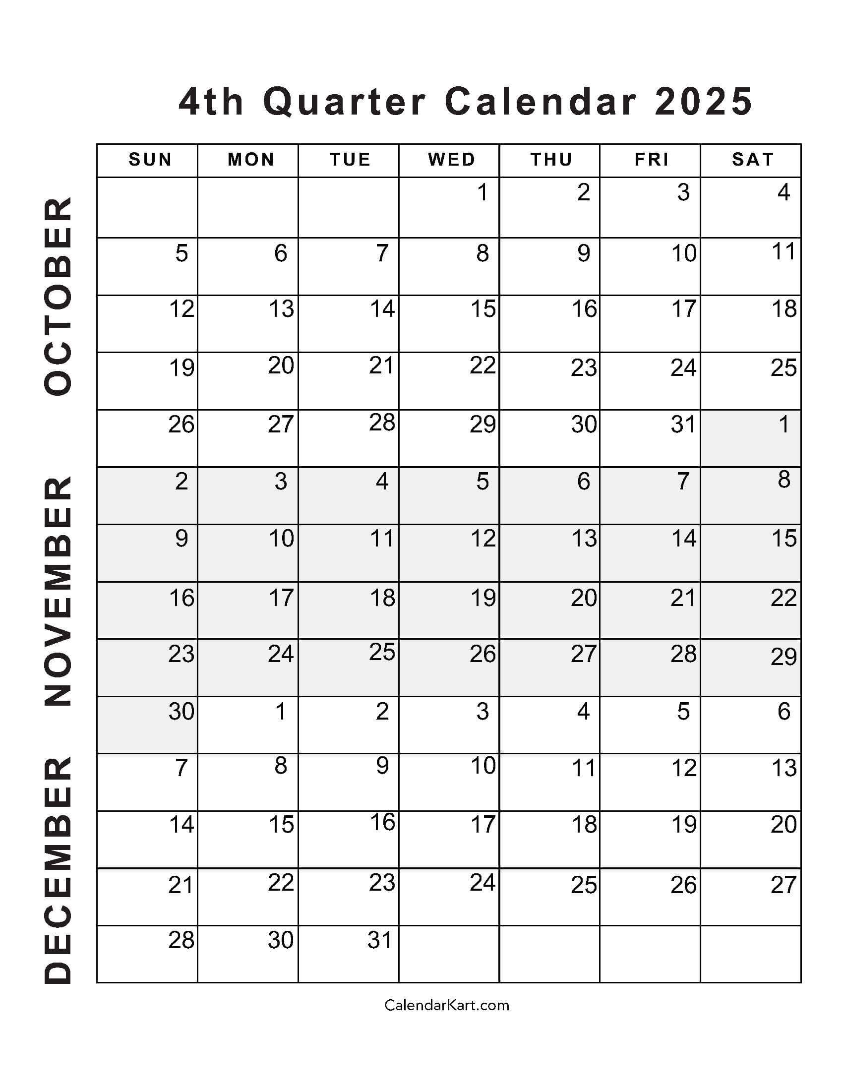 October To December 2025 Calendar (Q4) - Calendarkart with Calendar October November December 2025 Printable