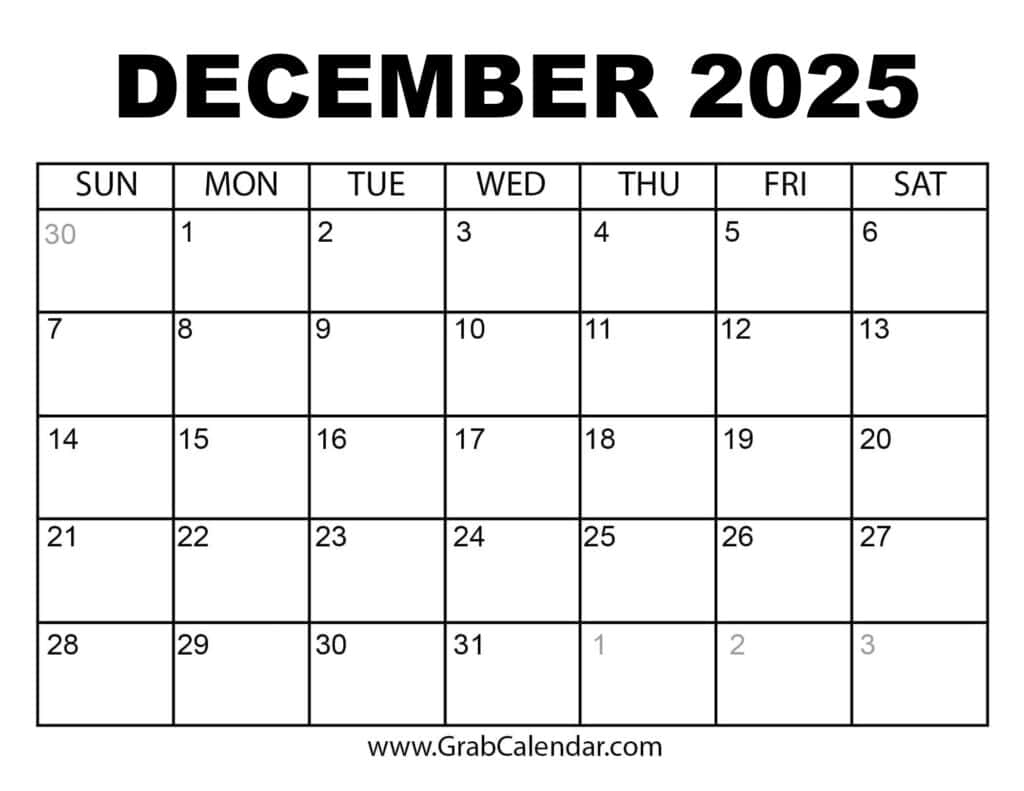 Printable December 2025 Calendar regarding December 2025 Calendar Printable