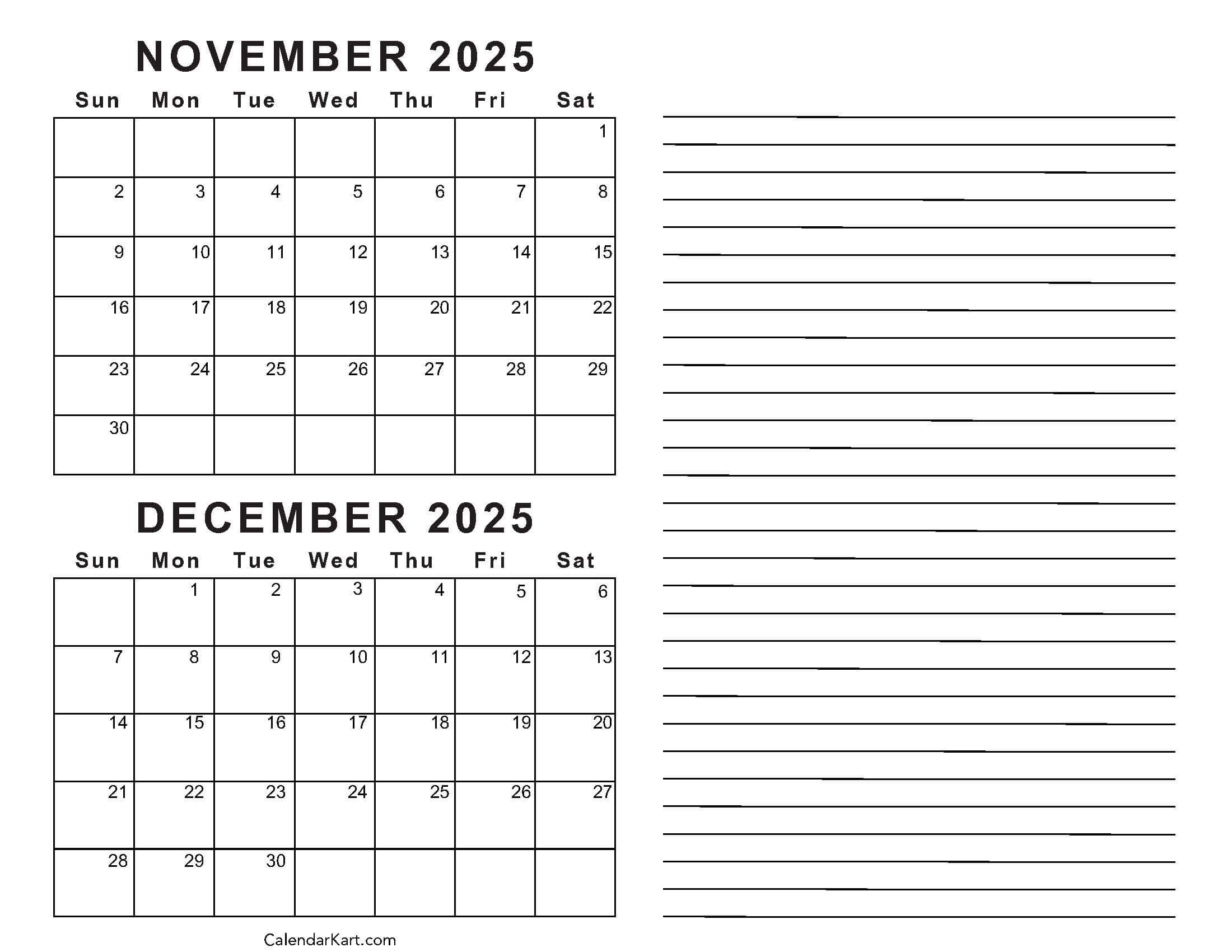 Printable November December 2025 Calendars | Calendarkart inside Printable November and December 2025 Calendar