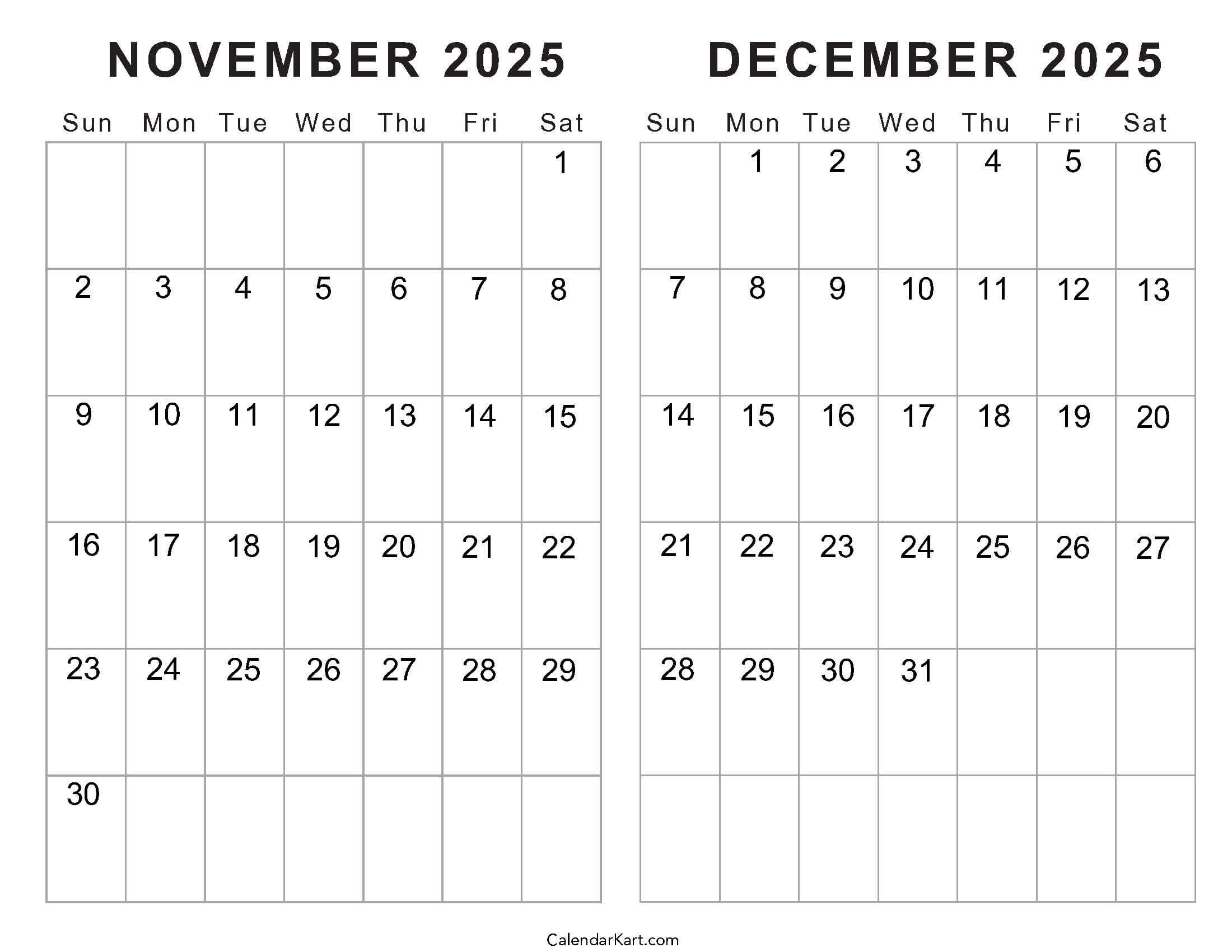 Printable November December 2025 Calendars | Calendarkart with Printable November and December 2025 Calendar